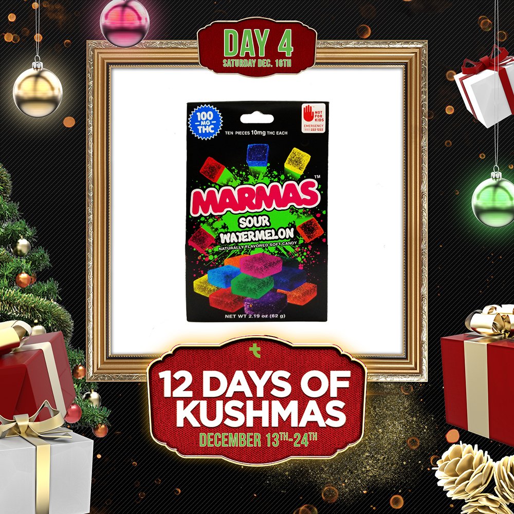 TreesPotShopNW's tweet image. IT'S DAY 4 OF THE 12 DAYS OF KUSHMAS SALE! Come on down for todays deals on Marmas! A chewy fruit flavored treat! Part of the @NWCSolutions family so you know it's good!
#Marmas #Edibles #NWCS #INfused #Fruit #Tasty #TreesPotShop #Seattle #Marijuana #Cannabis #Edibles #100mg