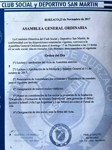 Les recordamos que en el día de mañana se estará llevando a cabo la Asamblea General Ordinaria a las 10 Hs. en la Sede Social de club, sita en Arenales 520, Burzaco
Habrá un operativo policial, como así también veedores de AFA y un exhaustivo control de los carnets sociales