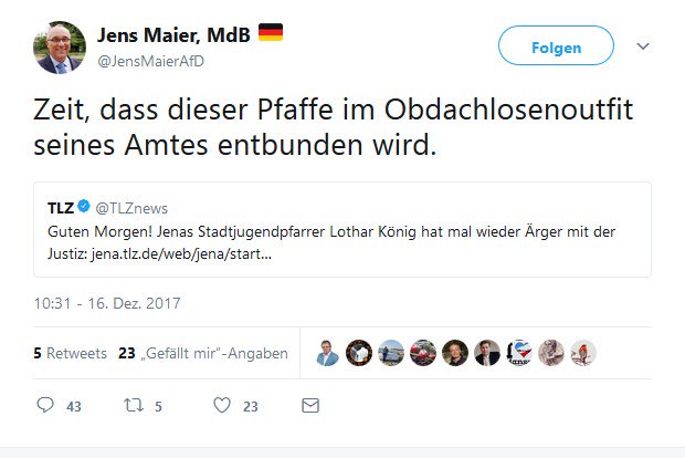 fozzybear77's tweet photo. "Christliche Abendlandretter" in Aktion, Berufsverbote fordern und verächtlich machen über Pfarrer die sich sozial einbringen! Immer ein Highlight unser "Richter" aus Dresden! 💩 #TeamLothar https://t.co/cjnns5Rsfb