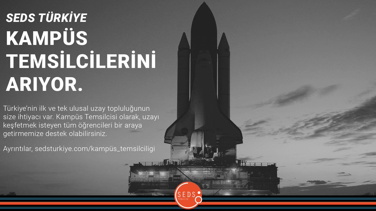 Türkiye'nin ilk ve tek ulusal uzay topluluğu SEDS Türkiye'ye destek olmak ve SEDS'i kendi üniversitenizde temsil etmek istiyorsanız, SEDS Türkiye Kampüs Temsilciliği programına başvurabilirsiniz. Ayrıntılar, goo.gl/4vwPVK