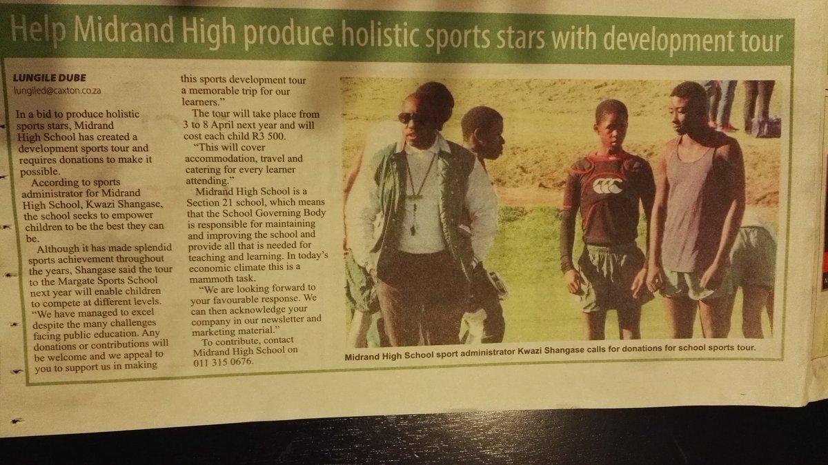 brbenton384's tweet photo. Please Help #MidrandHighSchool Produce Holistic Sports Stars with Development Tour! To contribute contact Midrand High School +2711 315 0676 Thank you https://t.co/bnlCAVSBiU