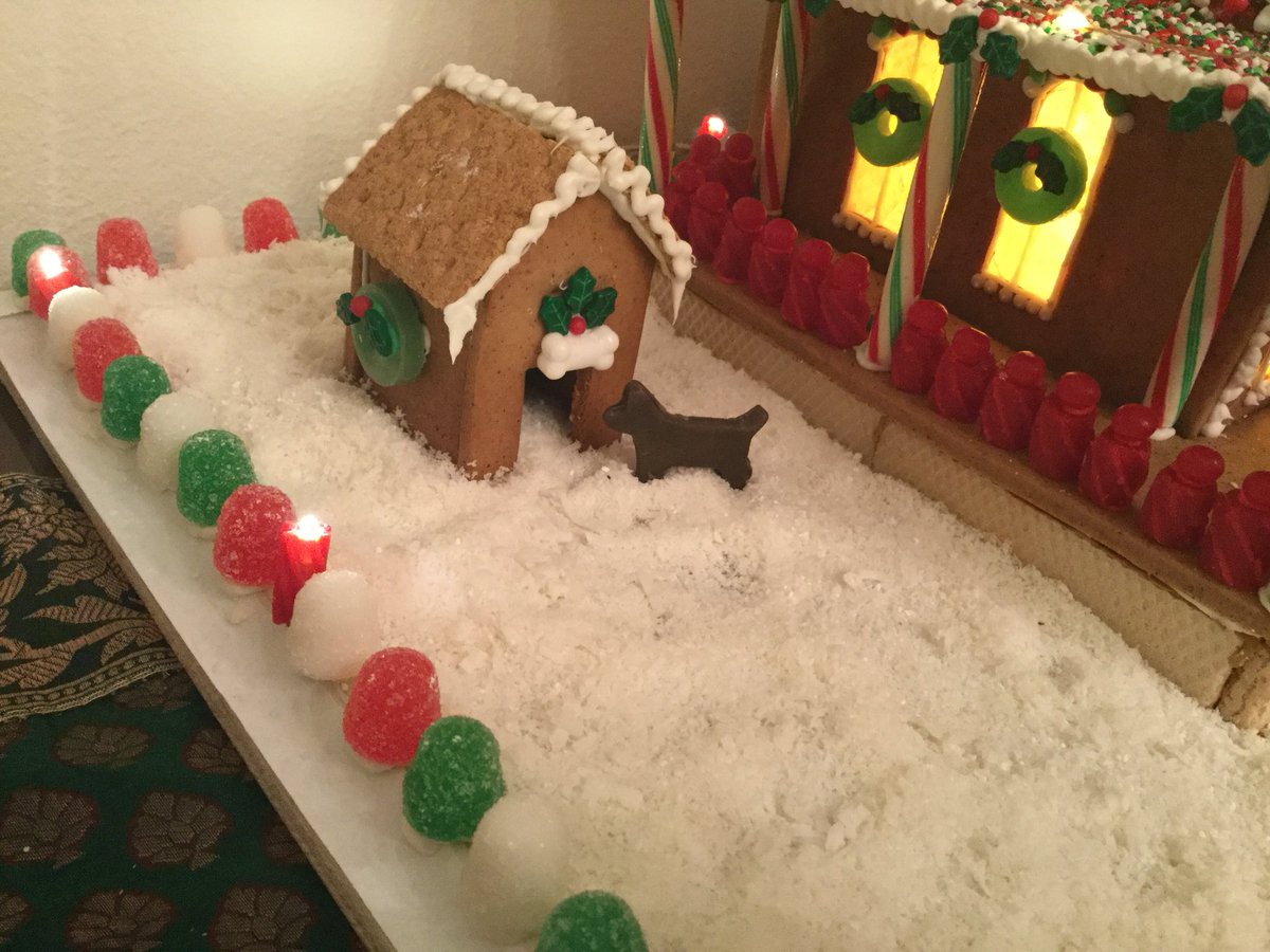 MaryKayCarlson's tweet photo. #Gingerbread landscaping offers limitless possibilities! Added a #candyclay dog and ice skater to our #holiday #gingerbreadhouse. Tiny cookie cutter for dog. Skater was freehand. Love working with candy clay, aka #modelingchocolate - easy to make & mold. https://t.co/D2tRxHAV0G
