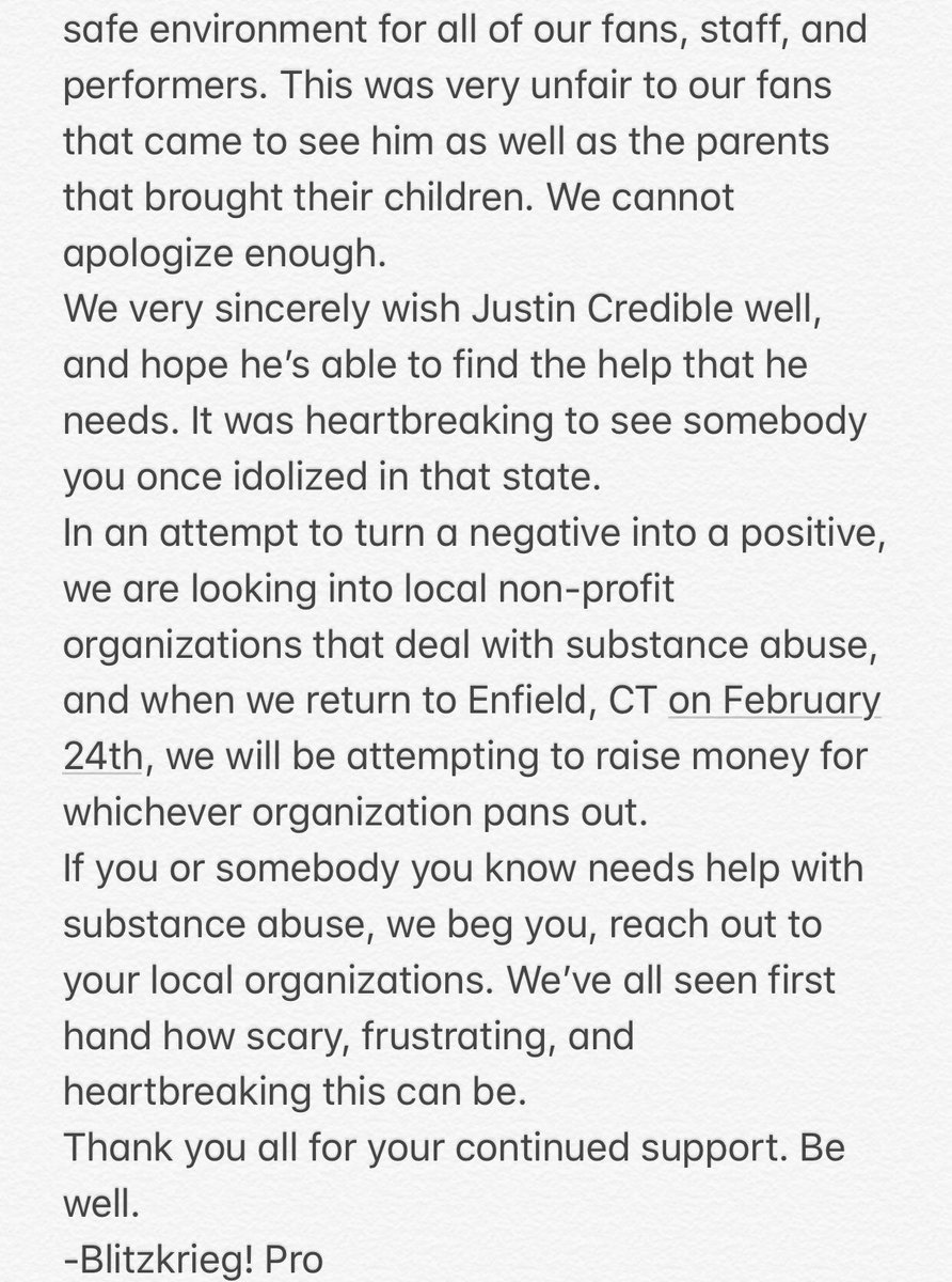 Blitzkrieg_Pro's tweet photo. We don’t want to kick somebody while they’re down, so we’re releasing this statement about the Justin Credible incident last night, and from here trying to just move forward. https://t.co/fc95z58EN6