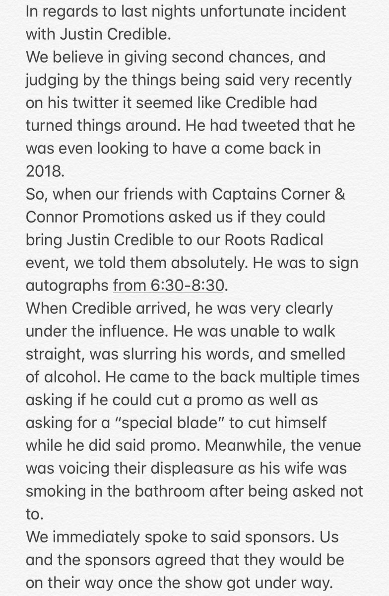Blitzkrieg_Pro's tweet photo. We don’t want to kick somebody while they’re down, so we’re releasing this statement about the Justin Credible incident last night, and from here trying to just move forward. https://t.co/fc95z58EN6