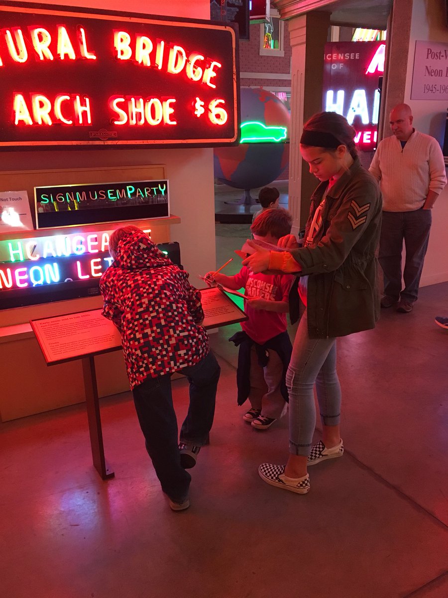 CincyMuseum's tweet photo. 💡Today our #STEMgirls participants toured the @SignMuseum seeing the evolution & science of #sign tech. They also went to the #Neonworks workshop for a demonstration in glass bending & participated in an elements scavenger hunt. TY #AmericanSignMuseum! 📷: @KimberlynnJM https://t.co/PUbVuNdLkw