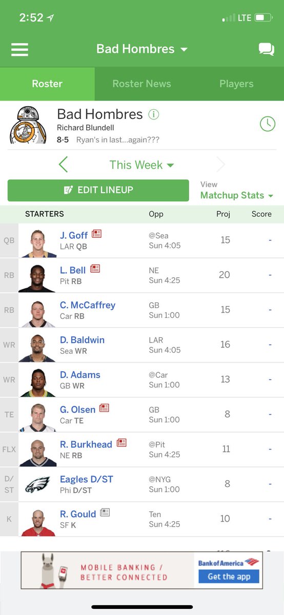 #FFLive full ppr Hunt over Caff or Rex? Gordon or Dede over Baldwin or Adams? I’m the underdog this week.