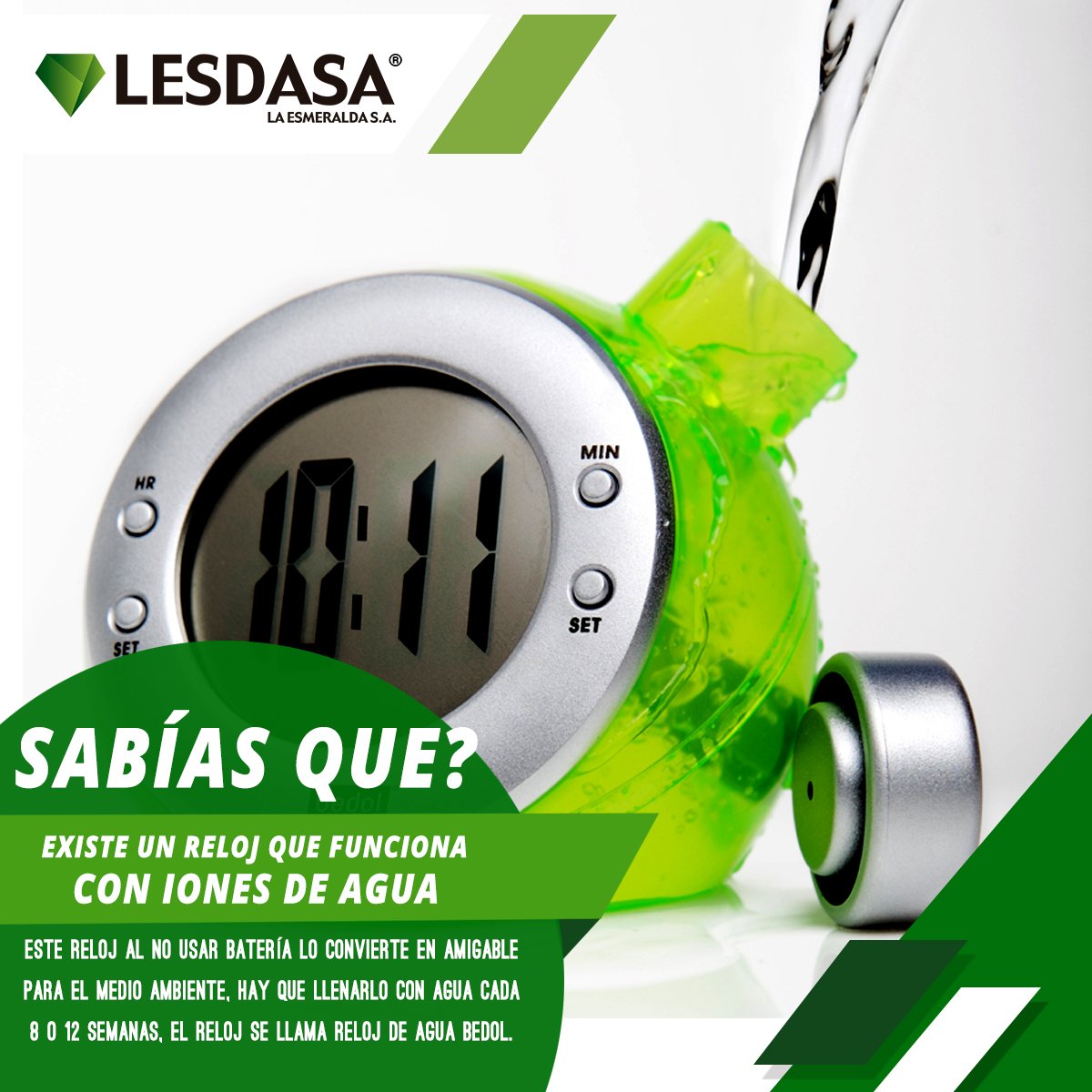 LesdasaSa's tweet photo. ¿#SabíasQue existe un reloj que funciona con iones de agua? 
Este reloj al no usar batería lo convierte en amigable para el medio ambiente, hay que llenarlo con agua cada 8 o 12 semanas, el reloj se llama #RelojDeAguaBedol  #LESDASAAmbiental https://t.co/ovuoPbV4GY