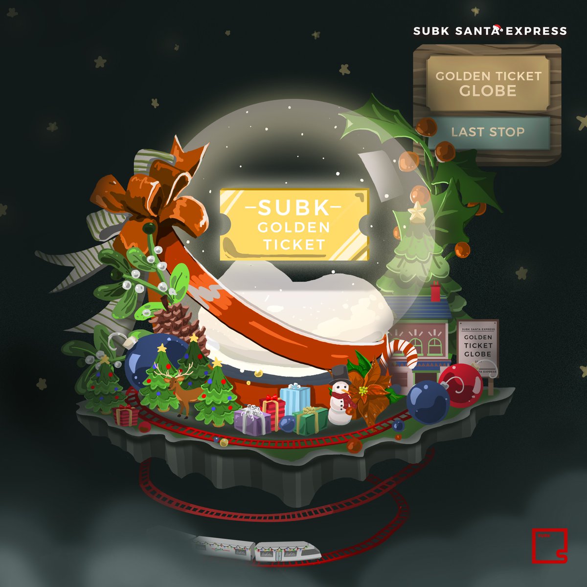 SubKultureEnt's tweet photo. The #SubKSantaExpress ๐ has reached its final stop at Golden Ticket Globe โ Enter for a chance to win our โจSubK Golden Ticketโจ which grants you 1 pair of P1 tix (incl. benefits) to all SubK events in 2018 ๐ Follow the rules & fill out ONE Google Form: https://t.co/aIm31gTkYJ https://t.co/RqxqeY8zpe