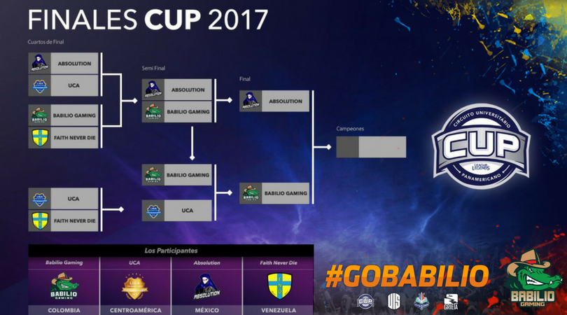 CUNeSports's tweet photo. 🇨🇴 ¡En minutos inicia la final del #CUP2017! 🇲🇽

No se pierdan la culminación de un sueño que inició desde hace varios meses: Babilio hoy buscará la revancha ante Absolution por el título. #GOBabilio🐊

⭕ Twitch: https://t.co/UZfWqv2Uey 
⭕ YouTube: https://t.co/IvSR6jmkTr https://t.co/b6QTyaxc2u