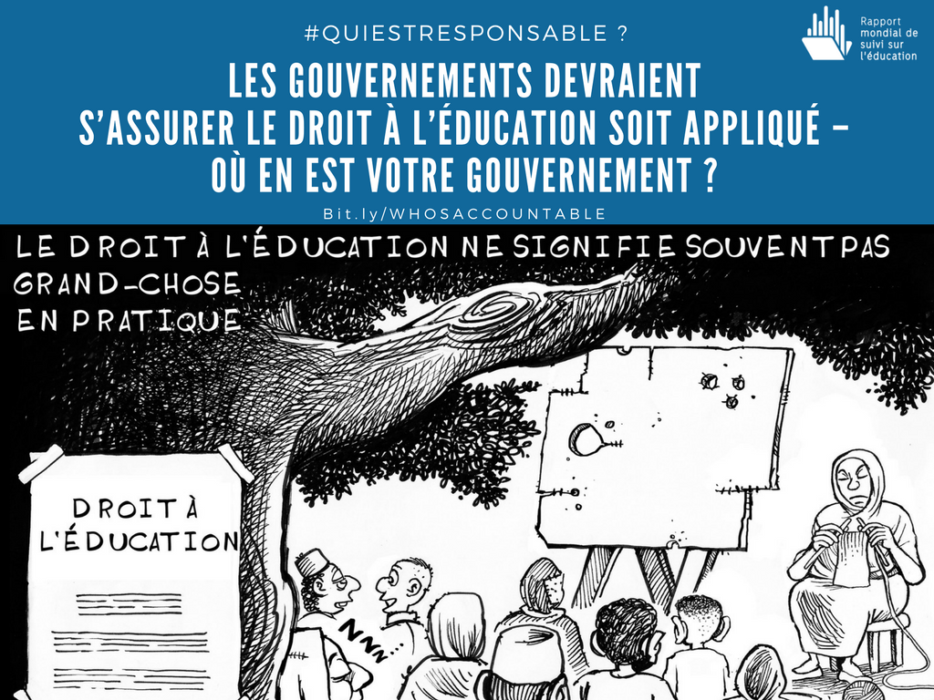 UNESCO_fr's tweet photo. Le droit à l’éducation ne signifie rien si nous ne pouvons pas légalement le revendiquer quand il est violé. Rejoignez notre campagne pour renforcer le droit à l’éducation dans la législation nationale. #QuiEstResponsable ? https://t.co/cEMZC2u0Ig https://t.co/1pCA58btJ2