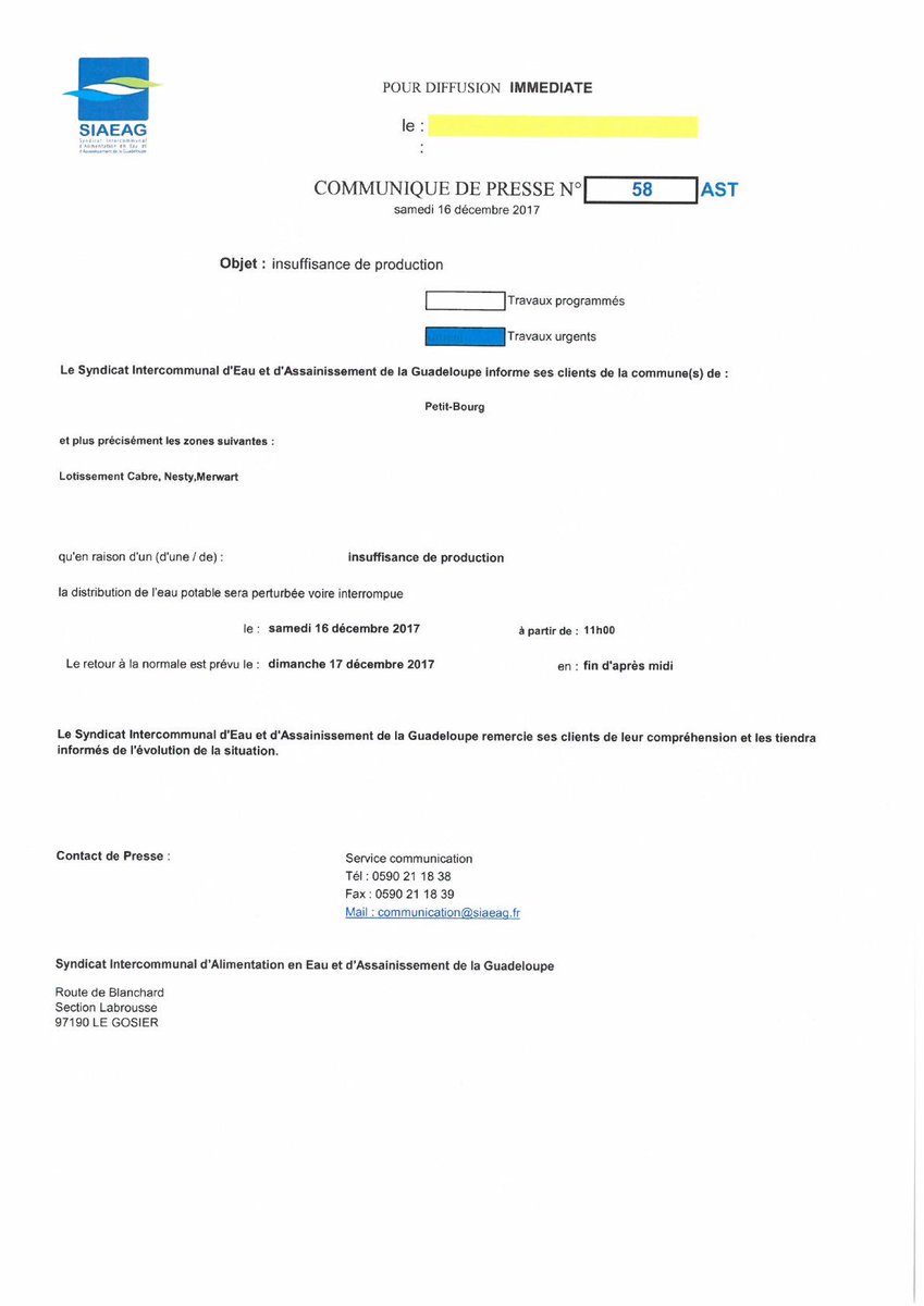 siaeag's tweet photo. Communiqué n°58 Toujours sur #PetitBourg insuffisance de production créant des difficultés dans la distribution #eau dans les lotissements #Cabre #Nesty et #Merwart https://t.co/5iyMSfsVr3