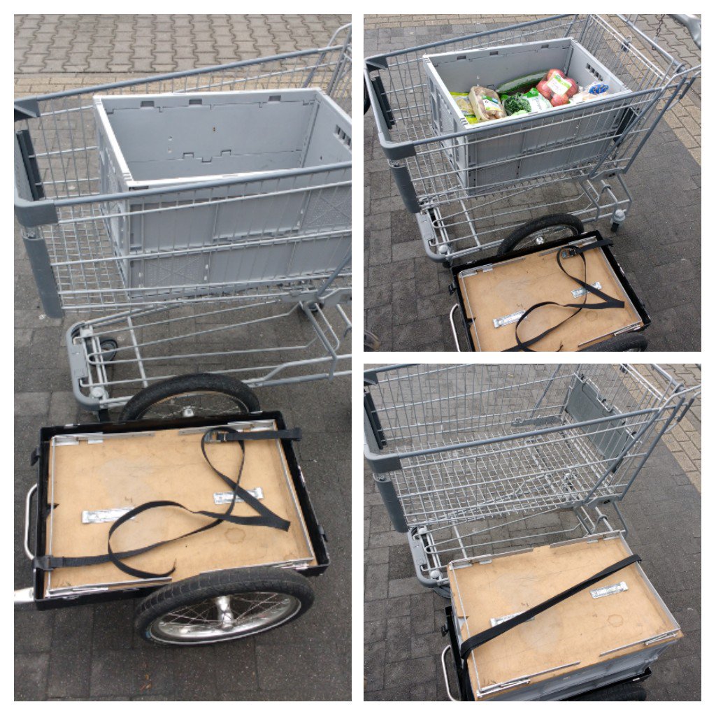 minti42's tweet photo. Optimierter Wochenendeinkauf  mit #Fahrrad, #Anhänger und Faltkiste in fünf Bildern. Auf dem Hinweg vorbei an Ampeln, Stau u. SUV auf Parkplatzsuche bis direkt vor die Ladentür, anschließend d. Einkauf bis vor die Haustüre gerollt. Hach, das Leben kann so einfach sein. #hinterher https://t.co/RNqCme7H1j