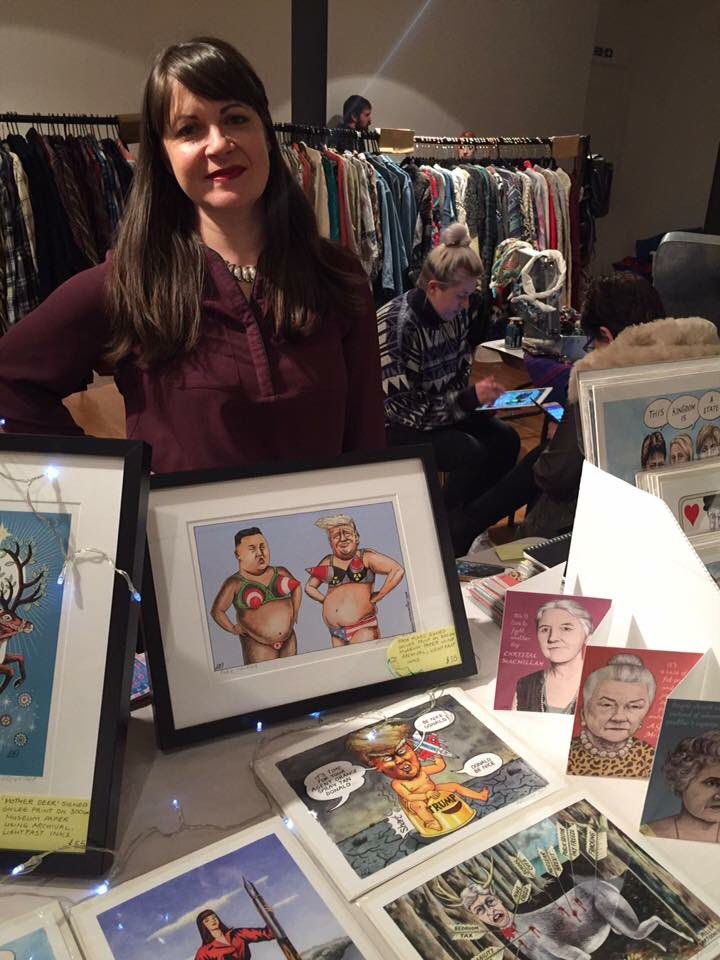 mistressofline's tweet photo. After a busy week of illustrating Holyrood mag (fun pics to come) I was nowhere near ready for doing a market. 4 hrs sleep + a lot of stress but so worth doing. Saw actual laughter and pleasure on people’s faces looking at my work. https://t.co/MjpDIL2h8n