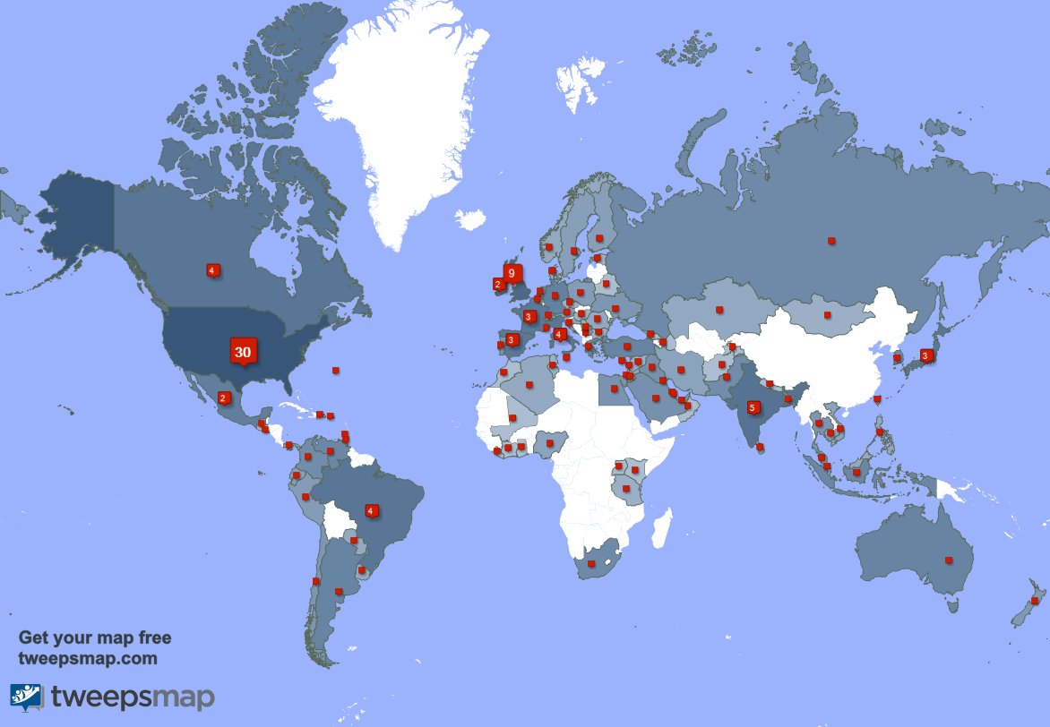 My followers live in 100 countries: USA(30%), UK.(9%)... tweepsmap.com/!34ys_ivy Get your free map!