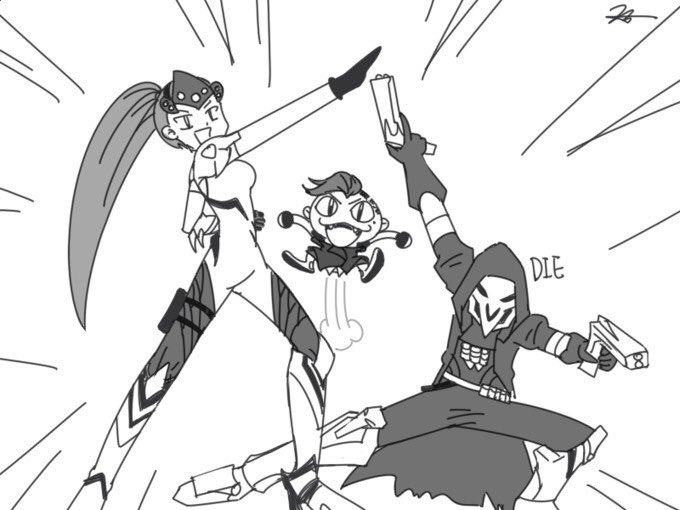 “Prepare for trouble, and make it double, to protect the world from devastation, to unite all people within our nation, to denounce the evil of truth and love, to extend our reach to the stars above,

Widowmaker! Reaper! Sombra!

Team Talon blasts off at the speed of light...”