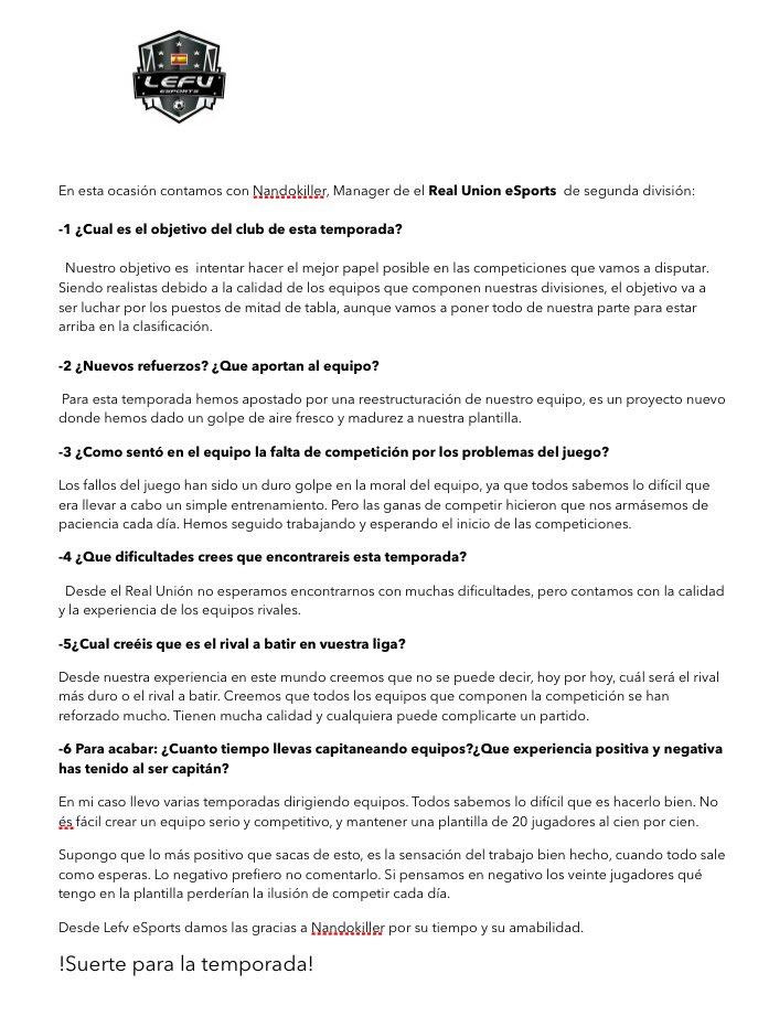 Continuamos con las entrevistas a los capitanes de nuestros clubs.
Es el turno de @RucEsports y de la mano de su capitan <a href="/Nandokiller9/">♦KILLER♦</a>  os presentamos esta interesante entrevista. 
Esperamos que la disfrutéis.
#somoslefv