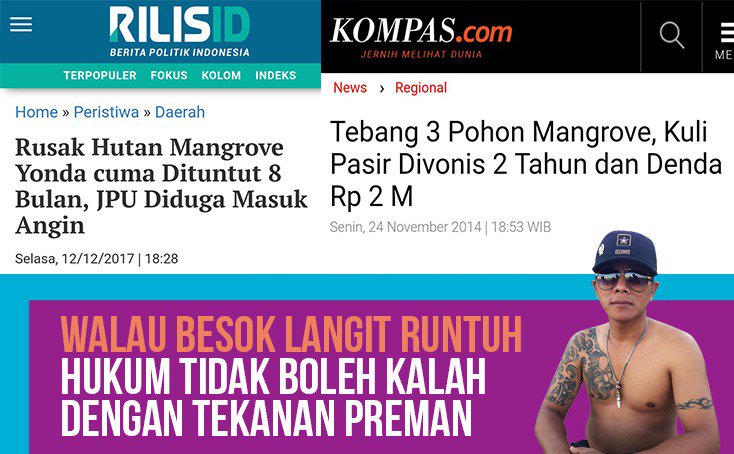 Pak <a href="/jokowi/">Joko Widodo</a> Min <a href="/KejaksaanRI/">Kejaksaan RI</a> <a href="/KomisiYudisial/">Komisi Yudisial RI</a>  tolong diawasi JPU sidang di @Kemenkumham_RI <a href="/GakkumKLHK/">GAKKUM Kehutanan</a> Yonda pelaku reklamasi ilegal pembabat hutan mangrove cuma dituntut rendah... Ini melukai hati adat Bali <a href="/WALHIBali/">WALHI Bali</a> <a href="/walhinasional/">WALHI</a> <a href="/GreenpeaceID/">Greenpeace Indonesia</a>