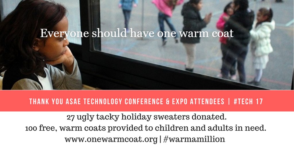 reMembers_Assn's tweet photo. Thank you @TechConf attendees. On this cold December day, 27 ugly tacky holiday sweaters donated at #Tech17 contributed to 100 winter coats for adults & children in need via @onewarmcoat. #warmamillion https://t.co/LhGMY2Ftbs