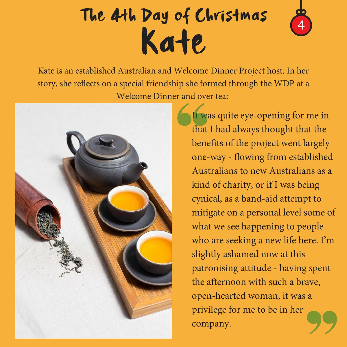 On the 4th Day of Christmas, we share a story from one of our Dinner hosts, Kate, who formed a special friendship through The Welcome Dinner Project and over cups of jasmine tea. Read it in full here: joiningthedots.org/kates-story-th…