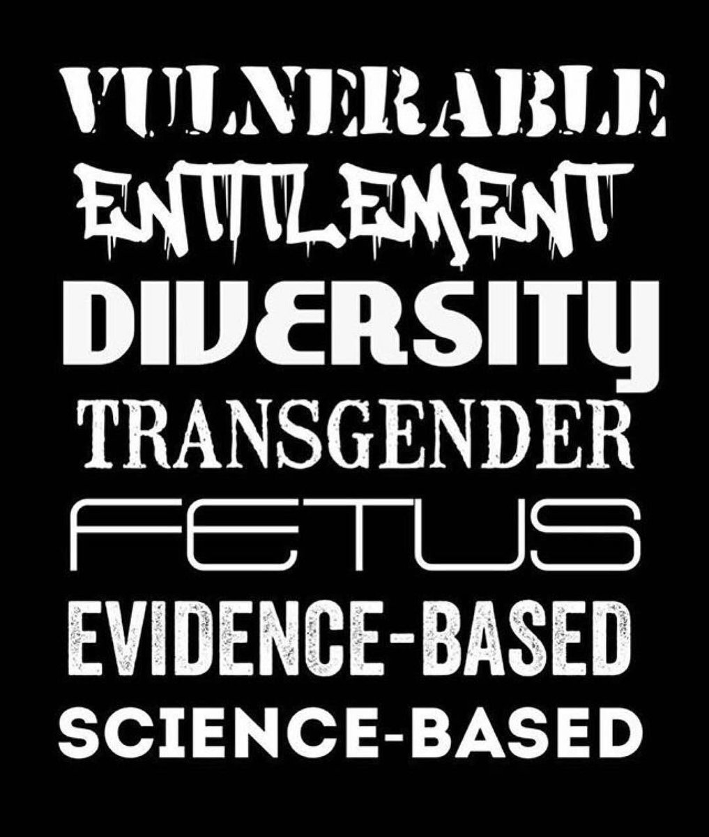 A black background with white Text reading “vulnerable," "entitlement," "diversity," "transgender," "fetus," "evidence-based”, “science-based”.