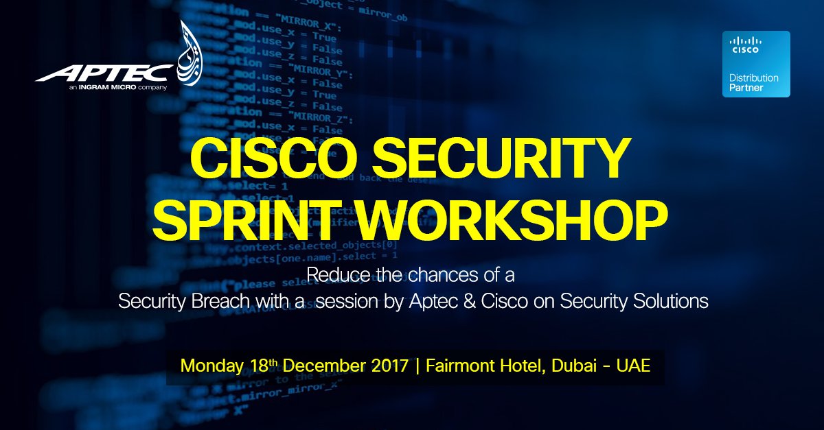 flyHigherME's tweet photo. Have you registered yet for the Aptec Cisco Security sprint session?
Register now : https://t.co/rVE0jOuEu2 
@flyHigherME #IMSecurityBreachReady #CiscoDCC18  #DCCIMMEE18 https://t.co/oIzeQp0fU8