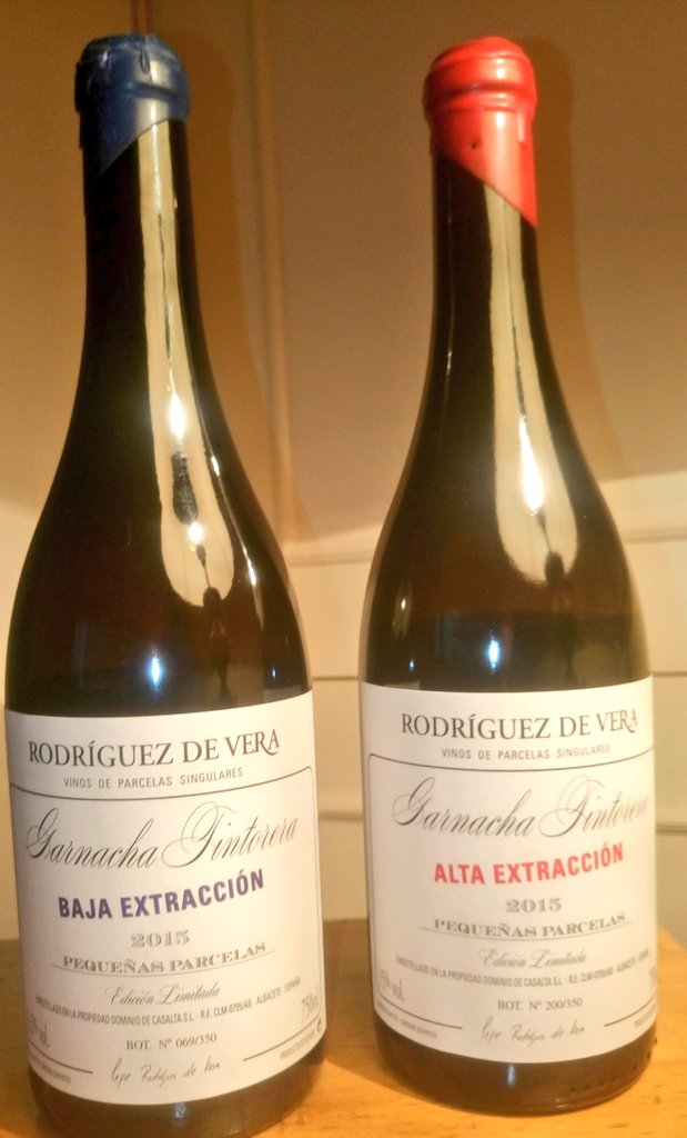 One of the most intriguing approaches to old-vine garnacha tintorera (alicante bouschet) in Spain's Almansa DO: 15 Rodríguez de Vera in two versions - low and high extraction. Both very tasty!
