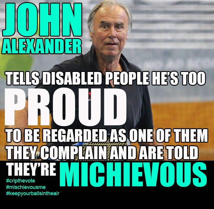 criprights's tweet photo. John Alexander - tells disabled people he's too proud to be regarded as one of them - they complain and are told they are 'mischievous'.
The PM must act now. @JAforBennelong @TurnbullMalcolm @Jordonsteele #CripTheVote #mischievousme #ballsintheair #johnalexander https://t.co/KyjBlzmaCl