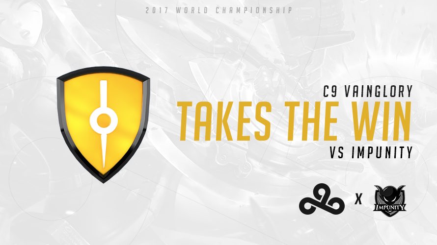 Cloud9's tweet photo. #C9VG defeat @imp_vg 3-0 in their final series of the year to finish in third place at #VaingloryWorlds! #C9WIN https://t.co/uPaZ104BR8