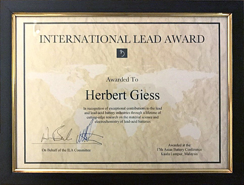 The chief scientist of Narada power Dr. Herbert. Giess got highest honor in battery industry, please contact walter@narada.biz for details!
