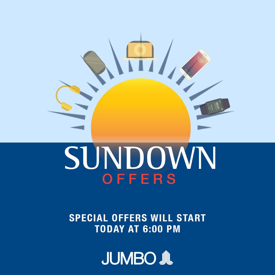 JumboWorld's tweet photo. Another week brings another set of amazing offers. Make sure you’re near a laptop at 6:00 PM to make the most of our 12 hour exclusive SUNDOWN deals. https://t.co/fDeKvwbWlg https://t.co/MRTFJ9By0H