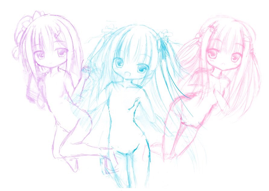 3人の素体ラフできた〜 後日喫茶店のメイド服っぽいフリフリ衣装デザインして着せてあげます(*'-'*) 