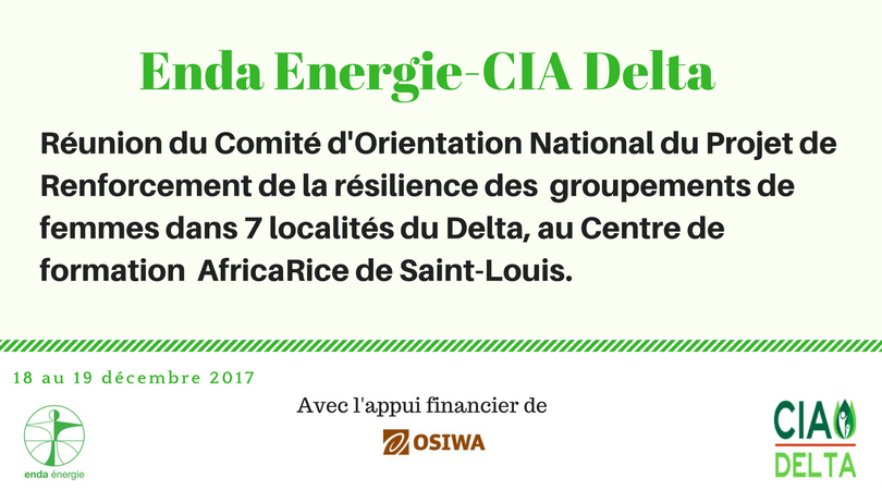 endaenergylinks's tweet photo. Réunion du Comité d'Orientation National du Projet de Renforcement de la résilience des groupements de femmes dans 7 localités du Delta, au Centre de formation @AfricaRice de Saint-Louis, di 18 au 19 décembre 2017. #EndaCiaDelta https://t.co/L2yJLsMRus