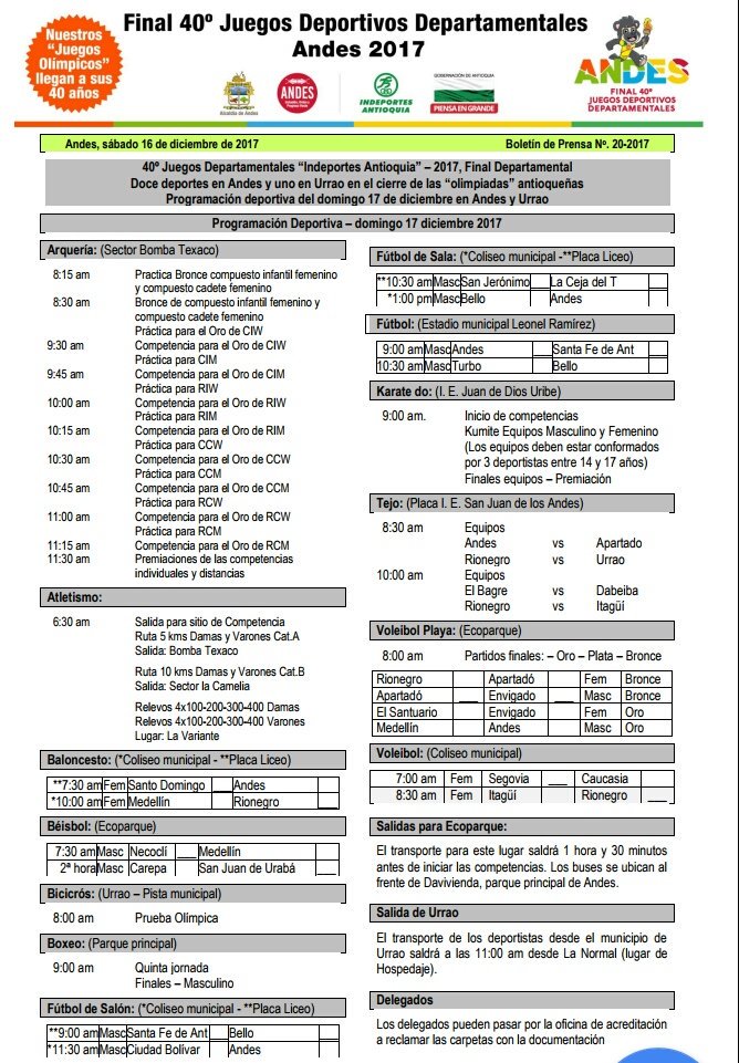 IndeportesAnt's tweet photo. #AgendaDeportiva ||
✔️ Conoce la programación de nuestro último día de competencias.
✔️ Resultados del sábado 16 diciembre.
✔️ Tabla de medalleria
https://t.co/SvmmOGy04Q
#JuegosDepartamentales #Andes2017
#40AñosCampeones 🙆🙋 https://t.co/h8aeGGIYKf