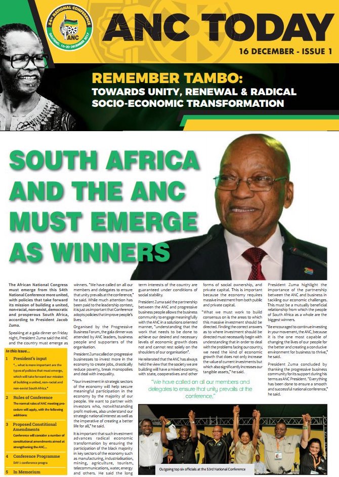 MYANC's tweet photo. ANC Today Conference Edition, 16 December - Issue 1 #ANC54 https://t.co/wqaeFTMn6p