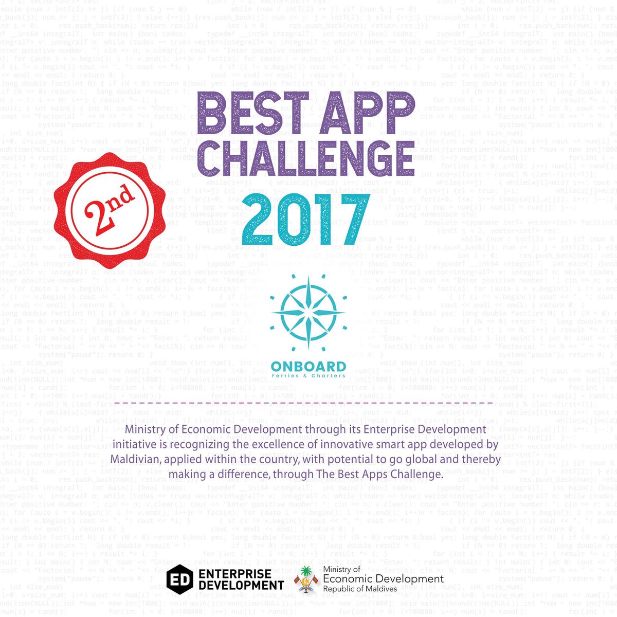 ED_Maldives's tweet photo. Congratulations!!!
@onboardmv for winning the 2nd Place in The Best App Challenge 2017.
#5BestApp #EDinnovate https://t.co/fgYuo0oSpu