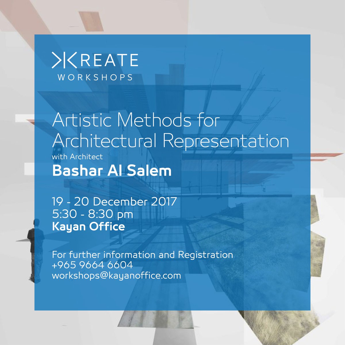 Kayanoffice's tweet photo. ورشة عمل الأساليب الفنية في العرض المعماري
مع المهندس بشار السالم
في مكتب كيان

١٩-٢٠ ديسمبر ٢٠١٧
٥:٣٠ - ٨:٣٠ مساءً
الاماكن محدودة
للمزيد من المعلومات او للتسجيل:
+965 9664 6604
Workshops@kayanoffice.com
https://t.co/UAZS7rbmke

#معماري #الكويت #ورشة_عمل #تصميم #هندسة #عمارة https://t.co/hRAEIiwenZ