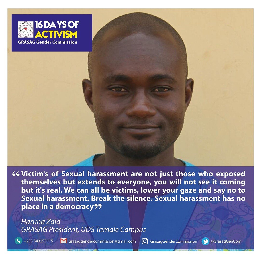 GrasagGenCom's tweet photo. We say thank you for your participation. Message from the GRASAG PRESIDENT, UNIVERSITY FOR DEVELOPMENT STUDIES, TAMALE.

#GRASAG_Gender_Commission
#16days_On_Sexual_Harassment
#End_Violence_Against_Women
#End_Violence_Against_Girls
#Day_16 https://t.co/bLlMgd19Bj