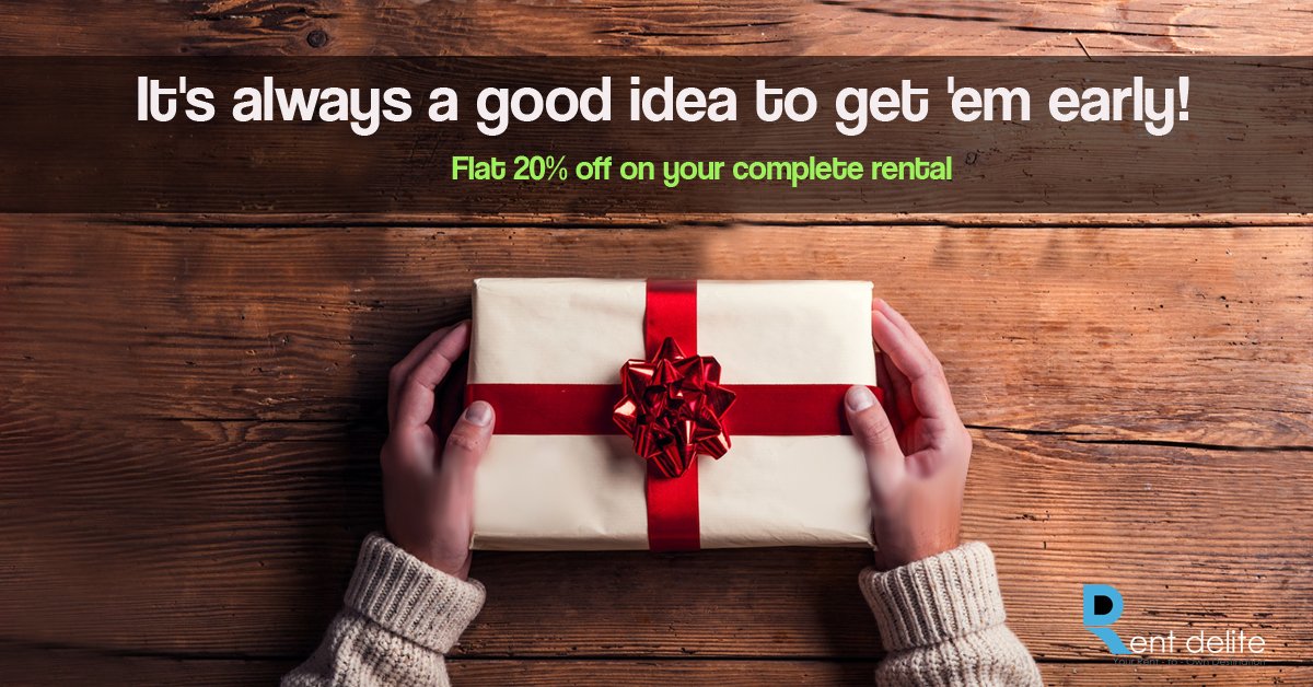 Get the gifts for your loved ones early. Enjoy Flat 20% off on your complete rental. Rent now @ goo.gl/1EnsZk
#Rentdelite #Sale #Deals #Renttoown