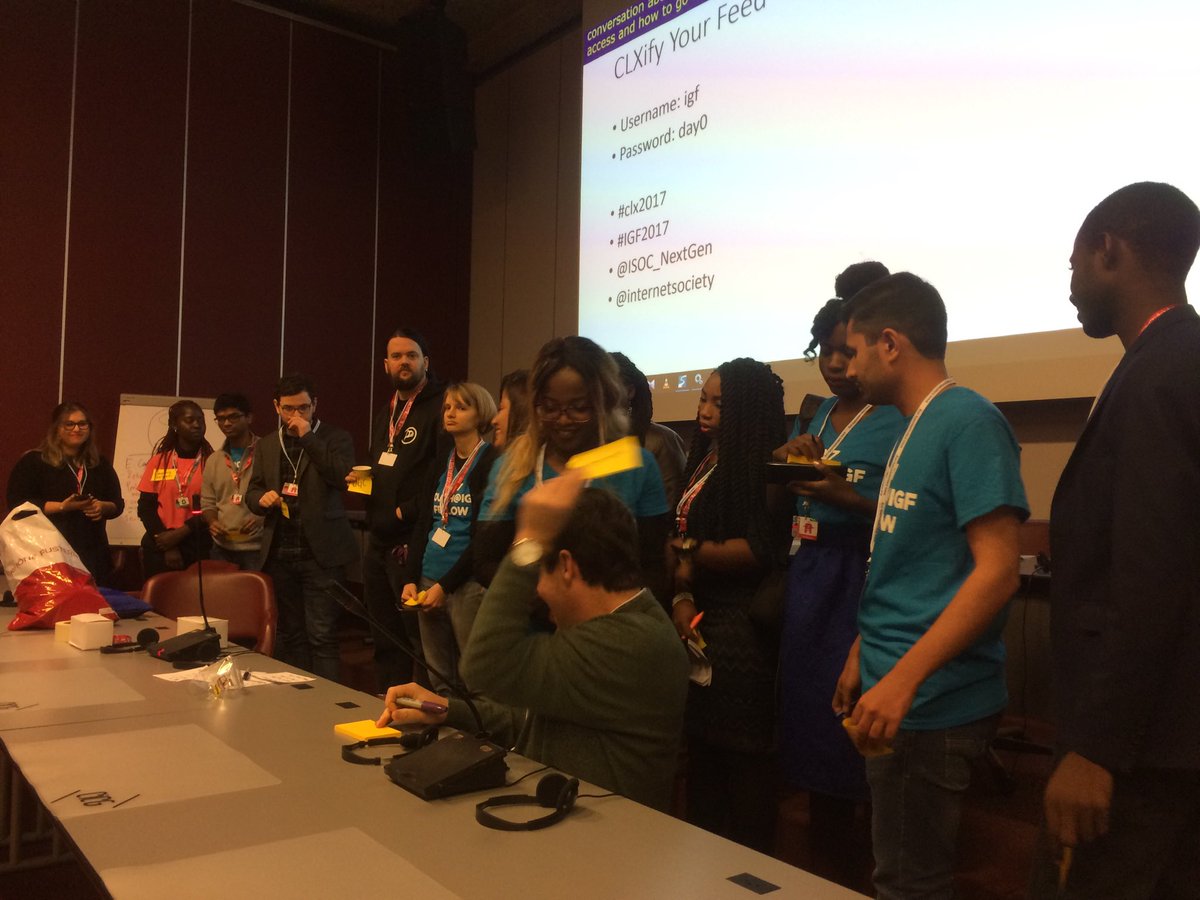 ZakirBinRehman's tweet photo. Second round of the #clx2017 here at #IGF2017 . very interesting list of topics being discussed. debates welcome :) @ISOC_NextGen @internetsociety https://t.co/EkKnuCLHT6