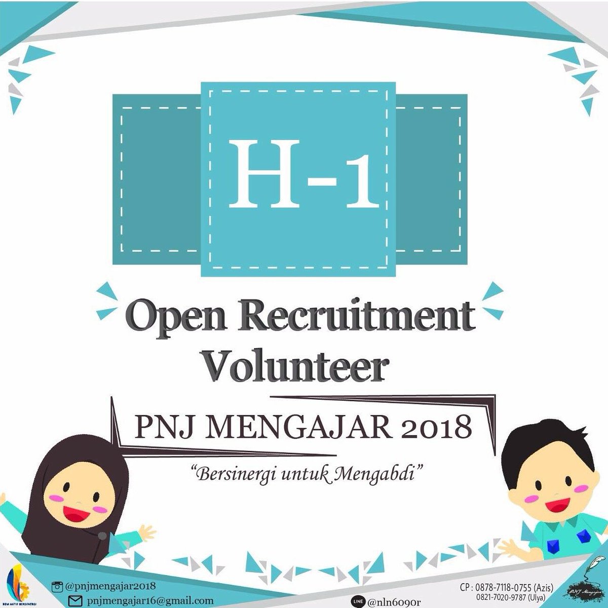 PNJMengajar2018's tweet photo. [ H-1 OPEN RECRUITMENT VOLUNTEER PNJ MENGAJAR ]

Halo kawan PNJ! 😊

Satu hari lagi menuju Open Recruitment Volunteer PNJ Mengajar 2018😱

Tunggu apalagi?
Ini waktunya untuk kamu berkontribusi dan menjadi bagian dari kami PNJ Mengajar 2018 
(1/3) https://t.co/ygEG7OhVXN