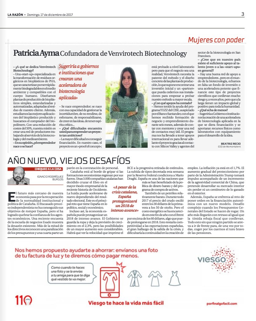beatriz_recio's tweet photo. Mi entrevista de hoy en @larazon_es es a
@PatriAyma, joven biotecnóloga ambiental y emprendedora, fundadora de
@VEnvirotech y alumna de @yuzztarragona @emprendecise. ¡Nos hacen falta más emprendoras como ella!
https://t.co/D17QhepGpS https://t.co/sXTkRU5E8H