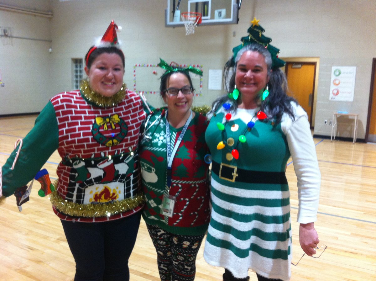 HuskyHoweller's tweet photo. Ugly Holiday Sweater Top 5: Ms. Mastowski, Mr. Seiler, Mrs. Penn, Ms. Johnson, Mr. Masciocchi, &amp; Mrs. Burke. 
Winner is.....our School Nurse, Mrs Penn!!!! https://t.co/uKnLUcR0cE