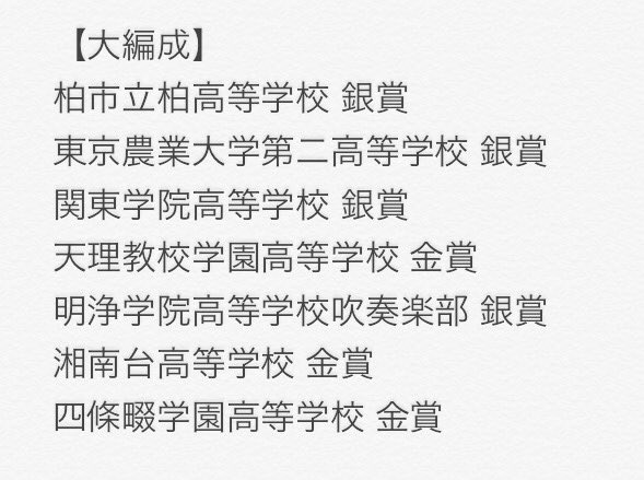 第45回マーチングバンド全国大会
高等学校の部 表彰結果

◎中編成・金賞
福岡大学附属大濠高等学校
大洗高等学校
大牟田高等学校
岐阜商業高等学校
西原高等学校（編成別最優秀賞）

◎大編成・金賞
天理教校学園高等学校
湘南台高等学校（編成別最優秀賞・グランプリ）
四條畷学園高等学校