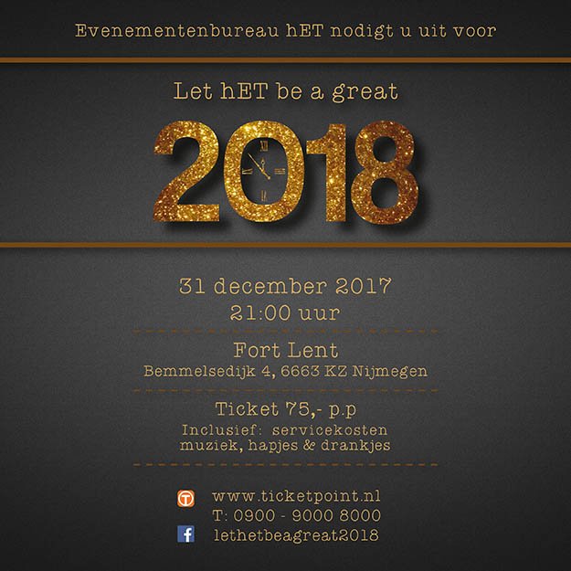 Fort Lent en Evenementenbureau hET nodigen je uit bij ‘Let hET be a great 2018’ om op 31 december samen spetterend het nieuwe jaar in te gaan!

Koop nu je kaartjes via ticketpoint.nl/evenement/let-…