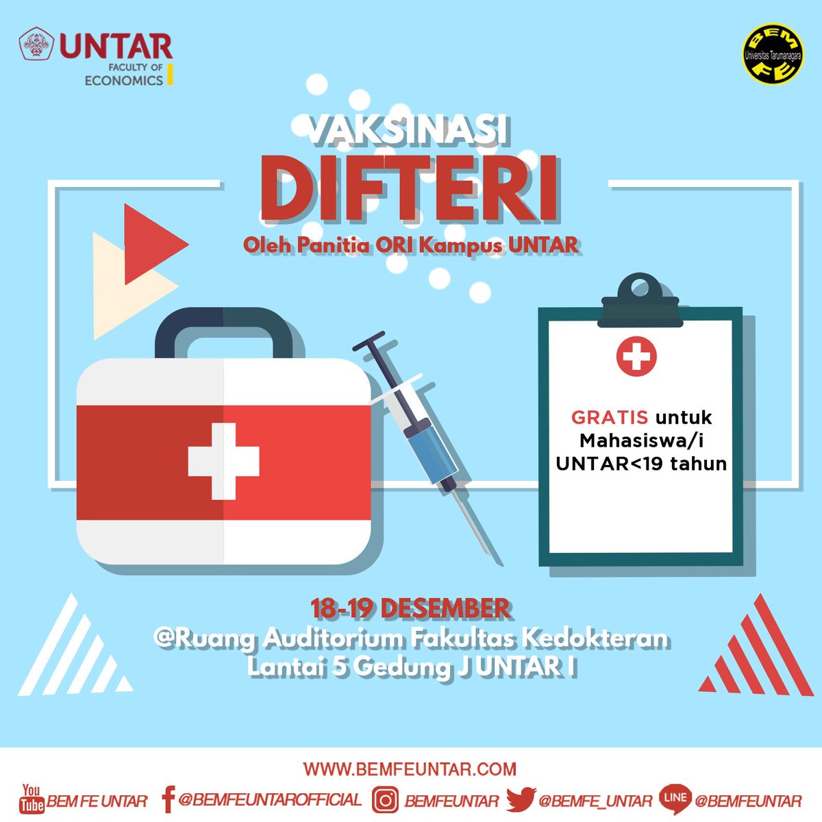 Panitia ORI kampus UNTAR menyiapkan vaksinasi Td GRATIS utk semua mahasiswa UNTAR berusia <19 thn

Harap mendatangi posko ORI di 

Tempat : R. Auditorium F. Kedokteran lt 5 Gedung J
Tanggal : Senin/Selasa 18-19 Desember 2017 
Waktu   : 11.00-13.00 WIB

#BEMFEUNTAR #FEUNTAR #UNTAR