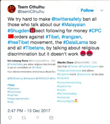 tenzindolkar016's tweet photo. #Cyberbully outofcontrol exposed! @tsemCthulhu
@Twitter protect your #users @tsemtulku #Kechara & prevent #cyberstalking! @TwitterSupport
@TwitterSafety
#StopBullying
@INTERPOL_Cyber
#cyberstalker
#EndBullying
#cyberharassment
#tsemtulku
#cybercrime
#StoptsemCthulhu
#tsemtulku https://t.co/qrPudfAZCc