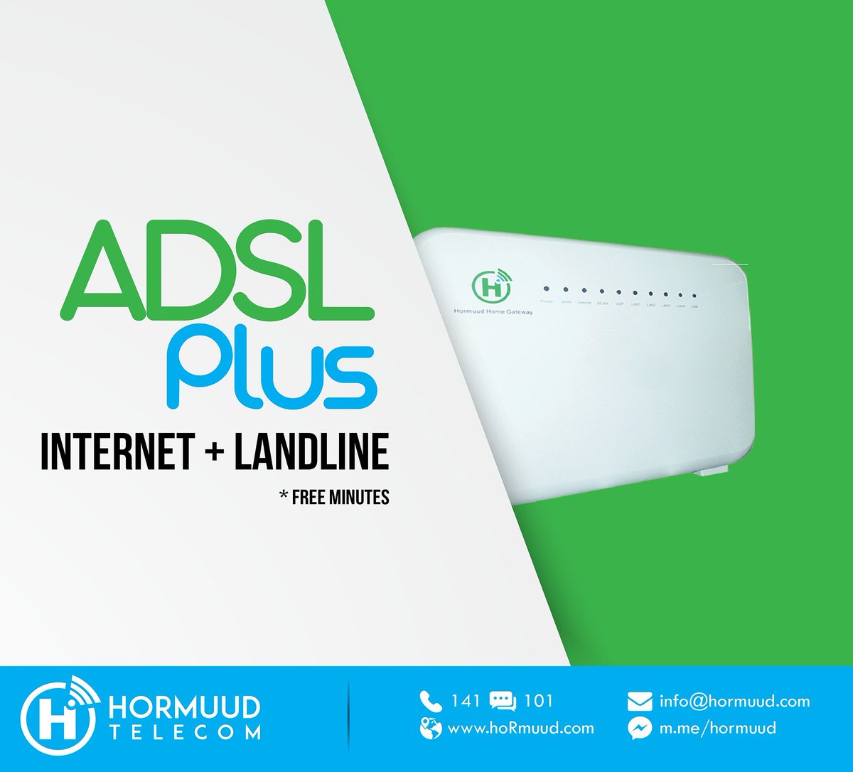 Hormuud's tweet photo. Bishaaro: ADSL PLus- Waa Adeeg Cusub oo leh Internet qiimo jaban iyo xawaare sare iyo Landline aad ku wacan karto dal iyo dibad
Qiimaha ADSL Plus
1Mbps = $30/Bishii + 200 Free Minutes
2Mbps = $60/Bishii + 400 Free Minutes
5Mbps = $90/Bishii + 700 Free Minutes
#ADSL_Plus https://t.co/aZgfiqjODu