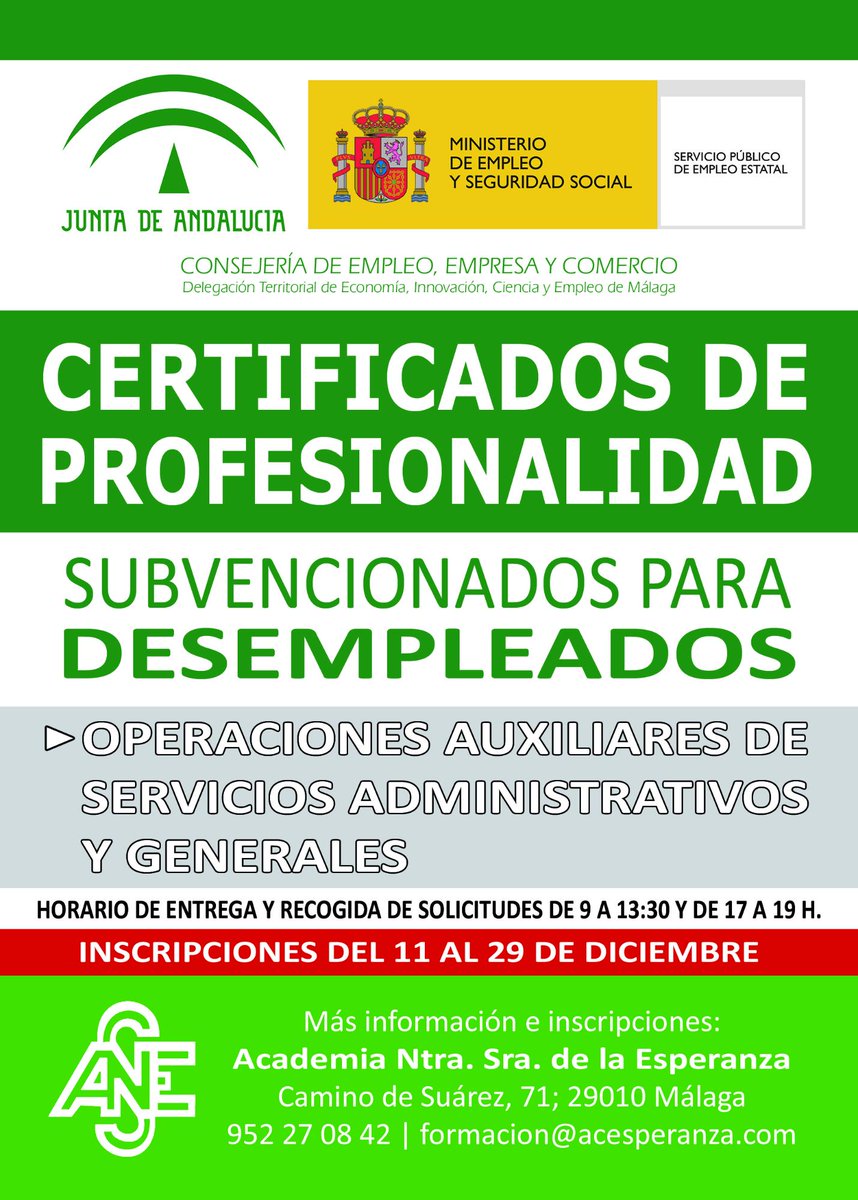 AcEsperanza's tweet photo. 📣 #Curso Gratuito para #Desempleados subvencionado por la Junta de Andalucía 📣
➡ Abierto plazo de inscripciones‼
https://t.co/cuIb37Qhu4
#malaga #juntadeandalucia https://t.co/QgDe3SnjYc
