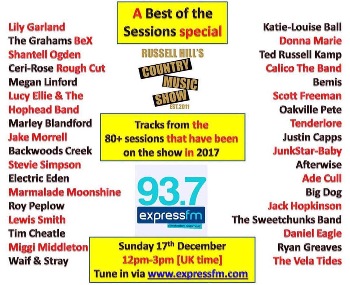 Today Sunday 12pm-3pm [UK time] on <a href="/expressfm/">Portsmouth’s Express FM</a> , The Russell Hill Country radio Show is bringing you tunes from the 80+ live sessions that have been on his show in 2017, which includes our session which was great fun 😊