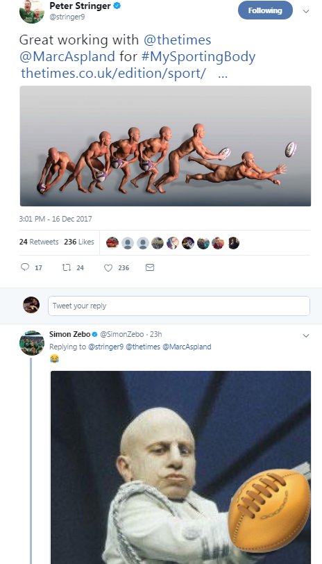 TimesSport's tweet photo. Don't worry @stringer9. 

We are sure that @SimonZebo would be brave enough to take part in #MySportingBody too . . .  🤔🍑

https://t.co/AXZGGIwnVi https://t.co/yMGymYAZag